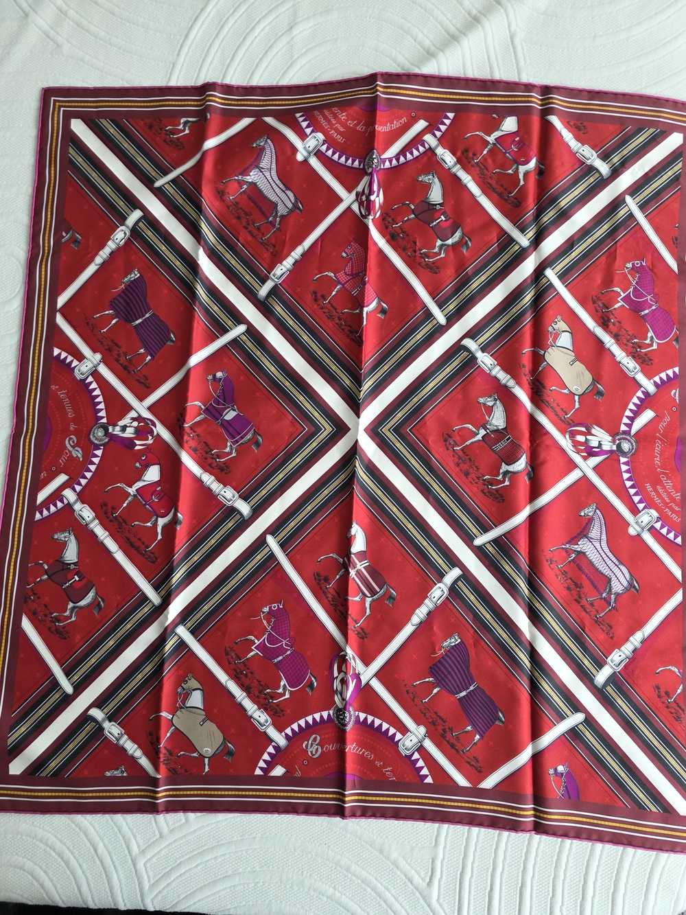 Hermes Double Sided Red And Navy Equestrian Print Silk Scarf